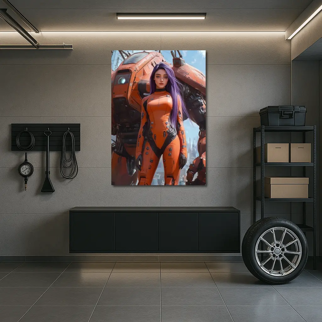Cyberpunk Woman Orange Suit Giant Mech – Wall Art