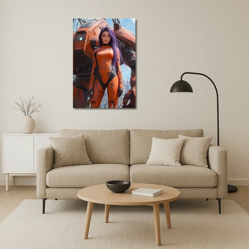 Cyberpunk Woman Orange Suit Giant Mech – Wall Art