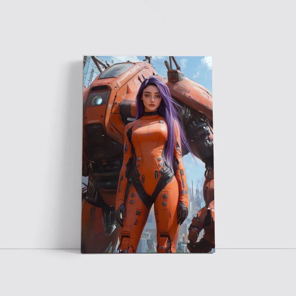 Cyberpunk Woman Orange Suit Giant Mech – Wall Art