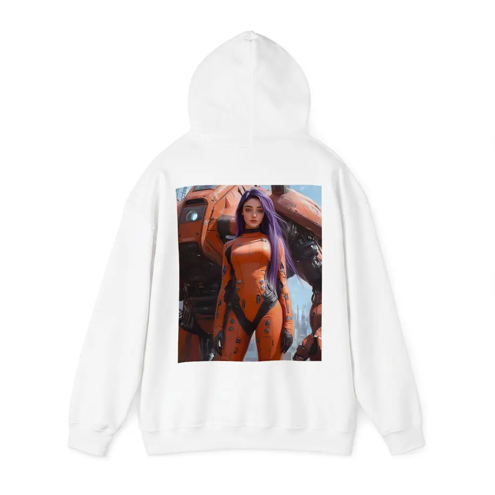 Cyberpunk Woman Orange Suit Giant Mech – Hoodies