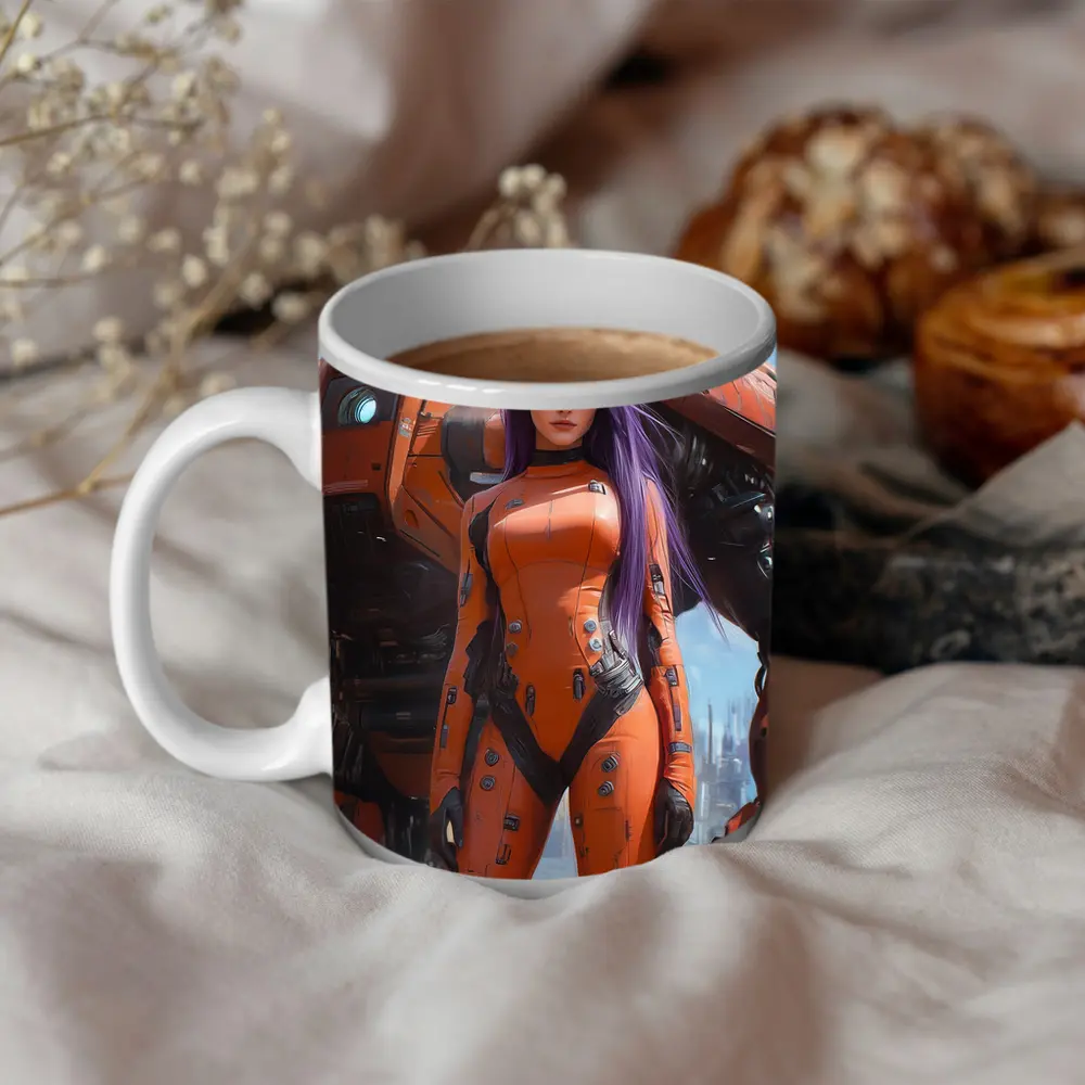 Cyberpunk Woman Orange Suit Giant Mech – Mugs
