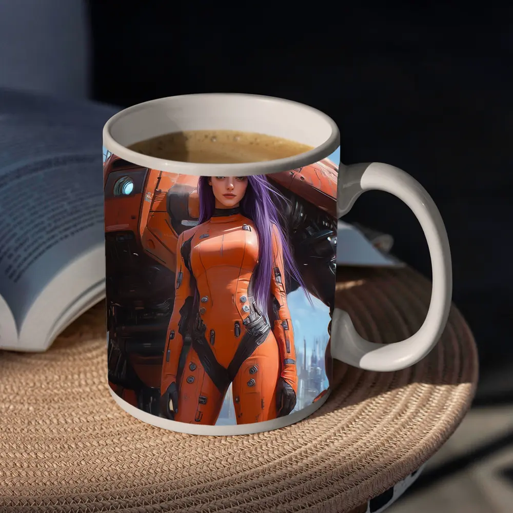 Cyberpunk Woman Orange Suit Giant Mech – Mugs