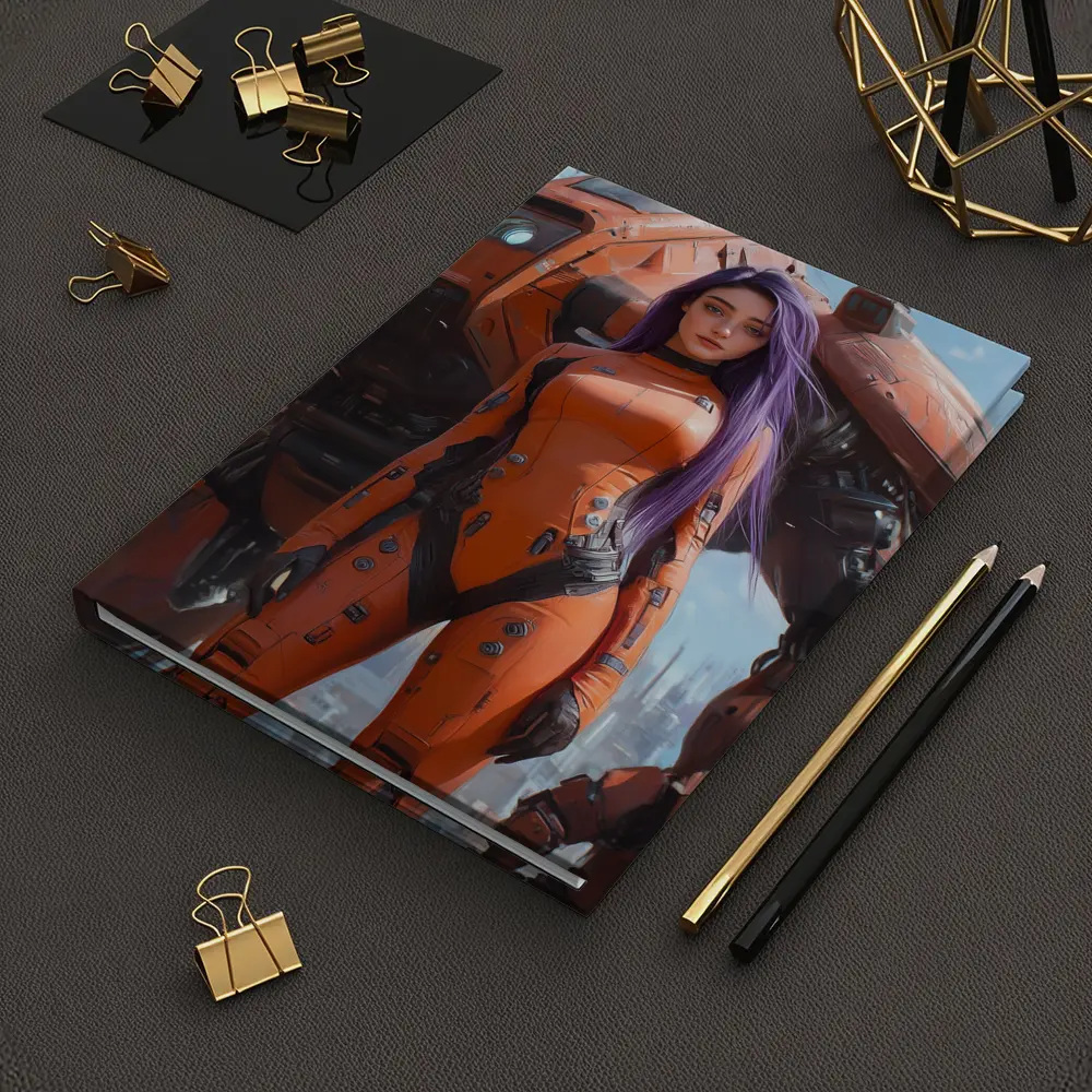 Cyberpunk Woman Orange Suit Giant Mech – Notebooks