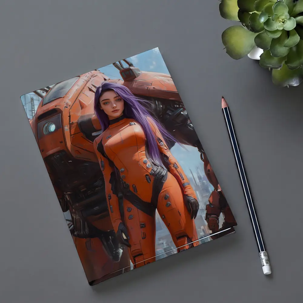 Cyberpunk Woman Orange Suit Giant Mech – Notebooks