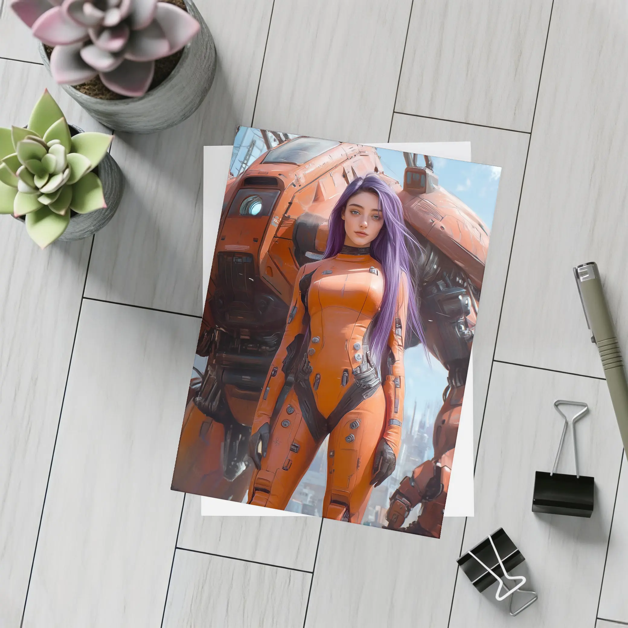 Cyberpunk Woman Orange Suit Giant Mech – Postcards