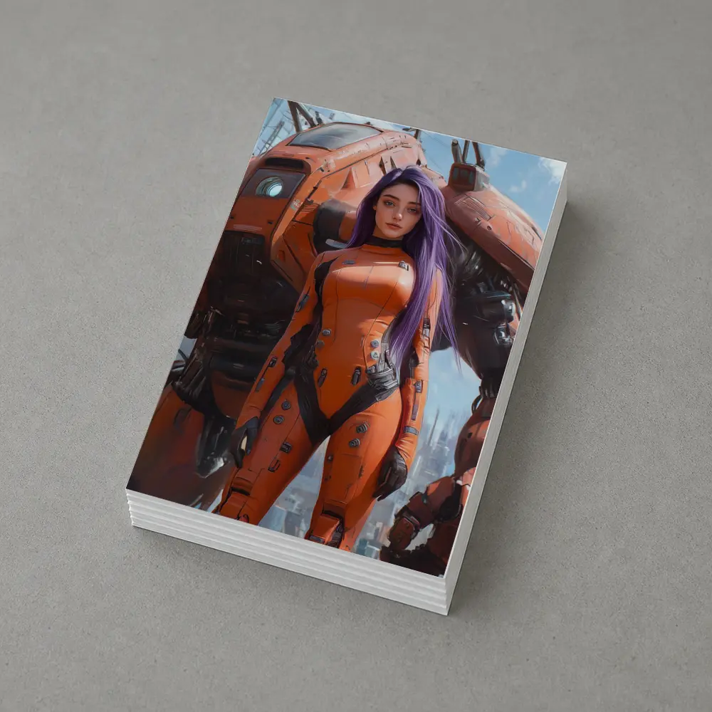 Cyberpunk Woman Orange Suit Giant Mech – Postcards