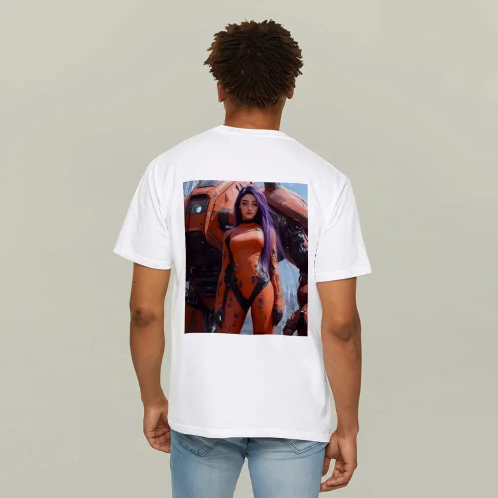 Cyberpunk Woman Orange Suit Giant Mech – T-Shirts