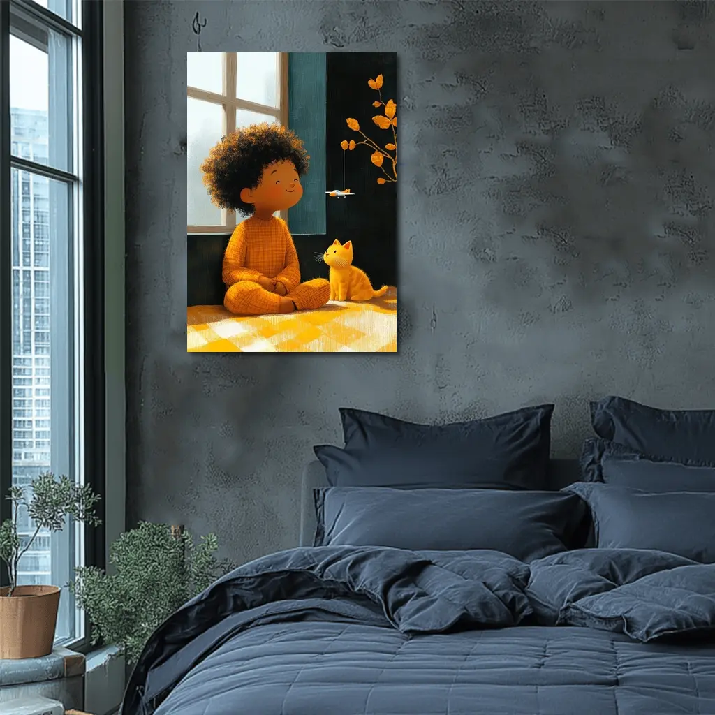 Curly Hair Child Cat Illustration Cozy Room – Wall Art