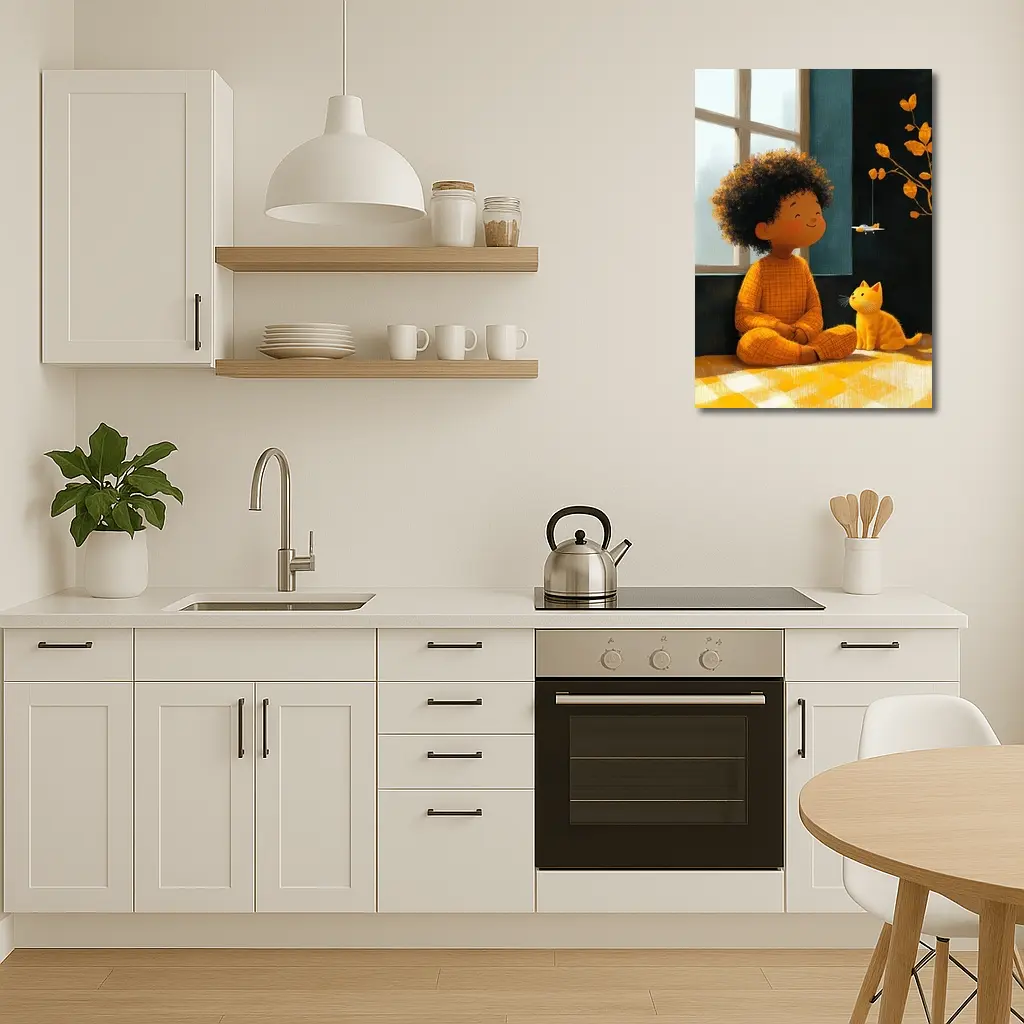 Curly Hair Child Cat Illustration Cozy Room – Wall Art