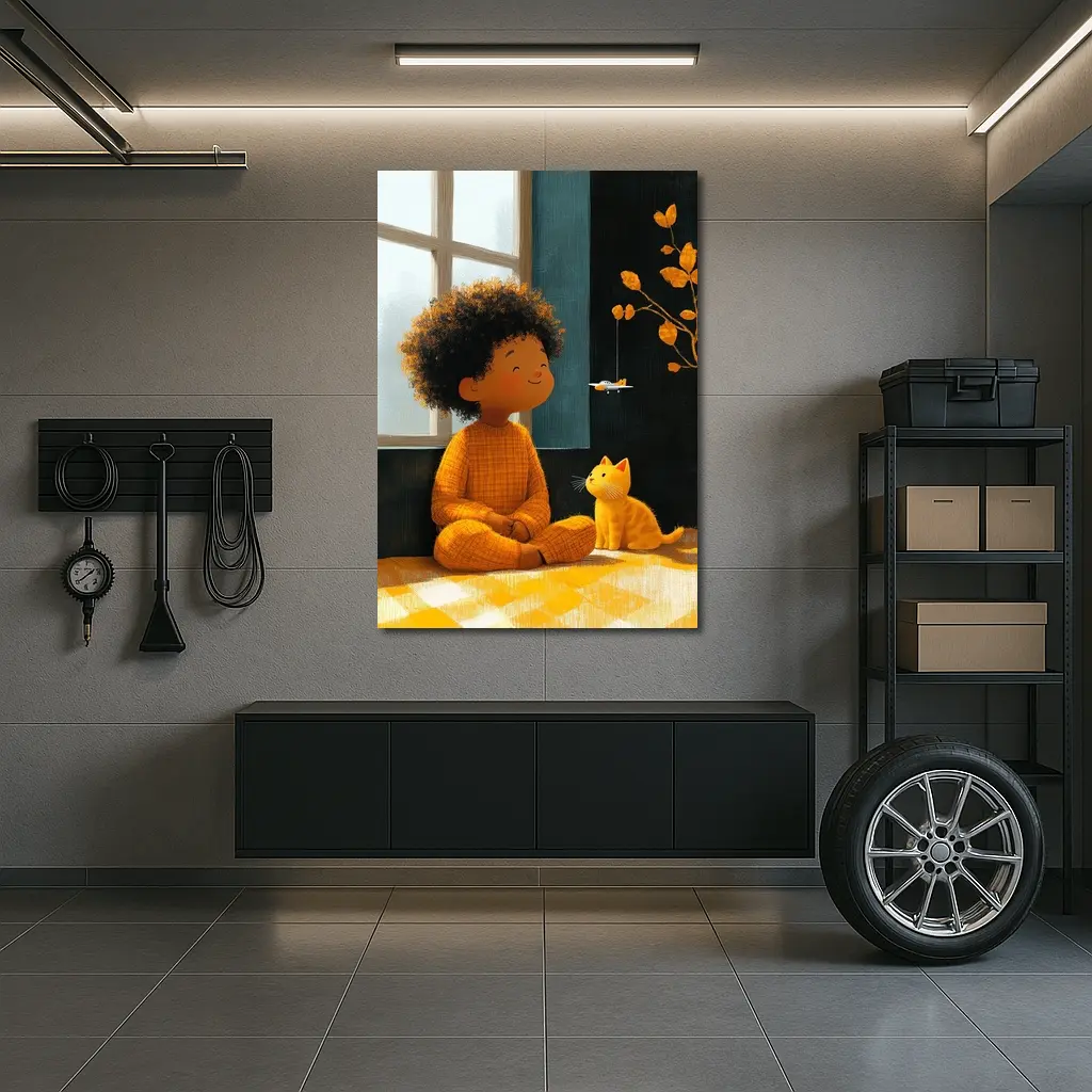 Curly Hair Child Cat Illustration Cozy Room – Wall Art