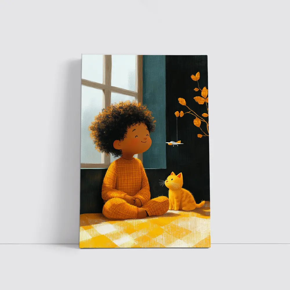 Curly Hair Child Cat Illustration Cozy Room – Wall Art