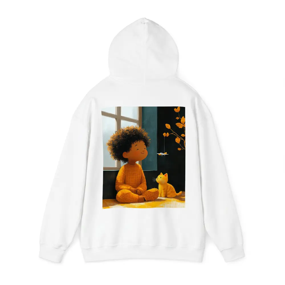 Curly Hair Child Cat Illustration Cozy Room – Hoodies