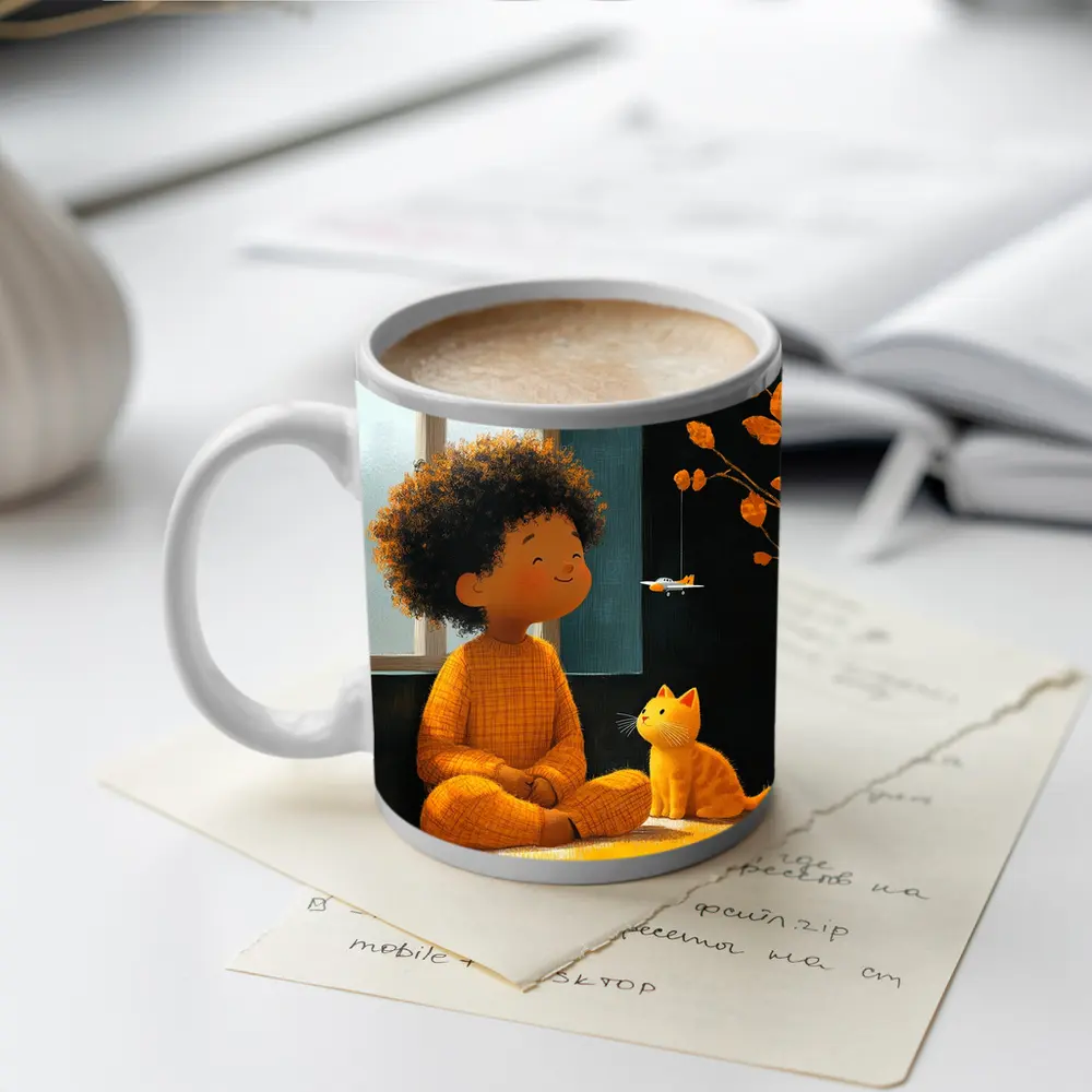 Curly Hair Child Cat Illustration Cozy Room – Mugs