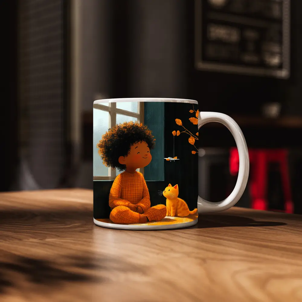 Curly Hair Child Cat Illustration Cozy Room – Mugs