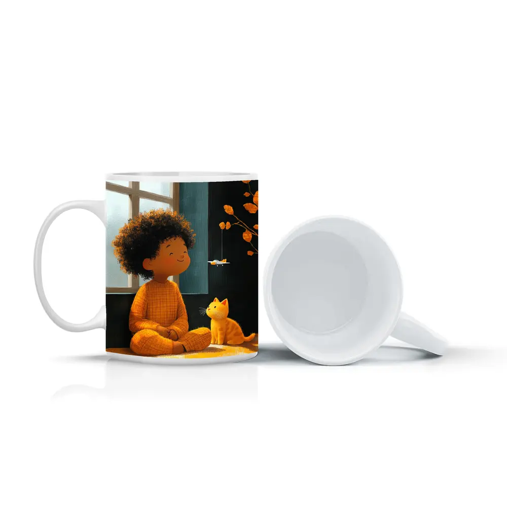 Curly Hair Child Cat Illustration Cozy Room – Mugs