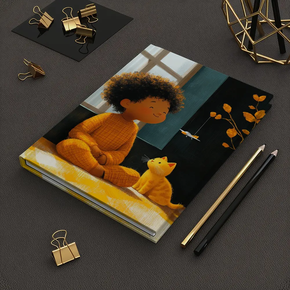 Curly Hair Child Cat Illustration Cozy Room – Notebooks