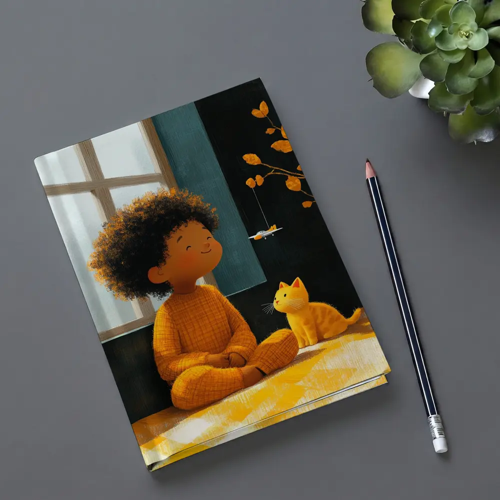 Curly Hair Child Cat Illustration Cozy Room – Notebooks