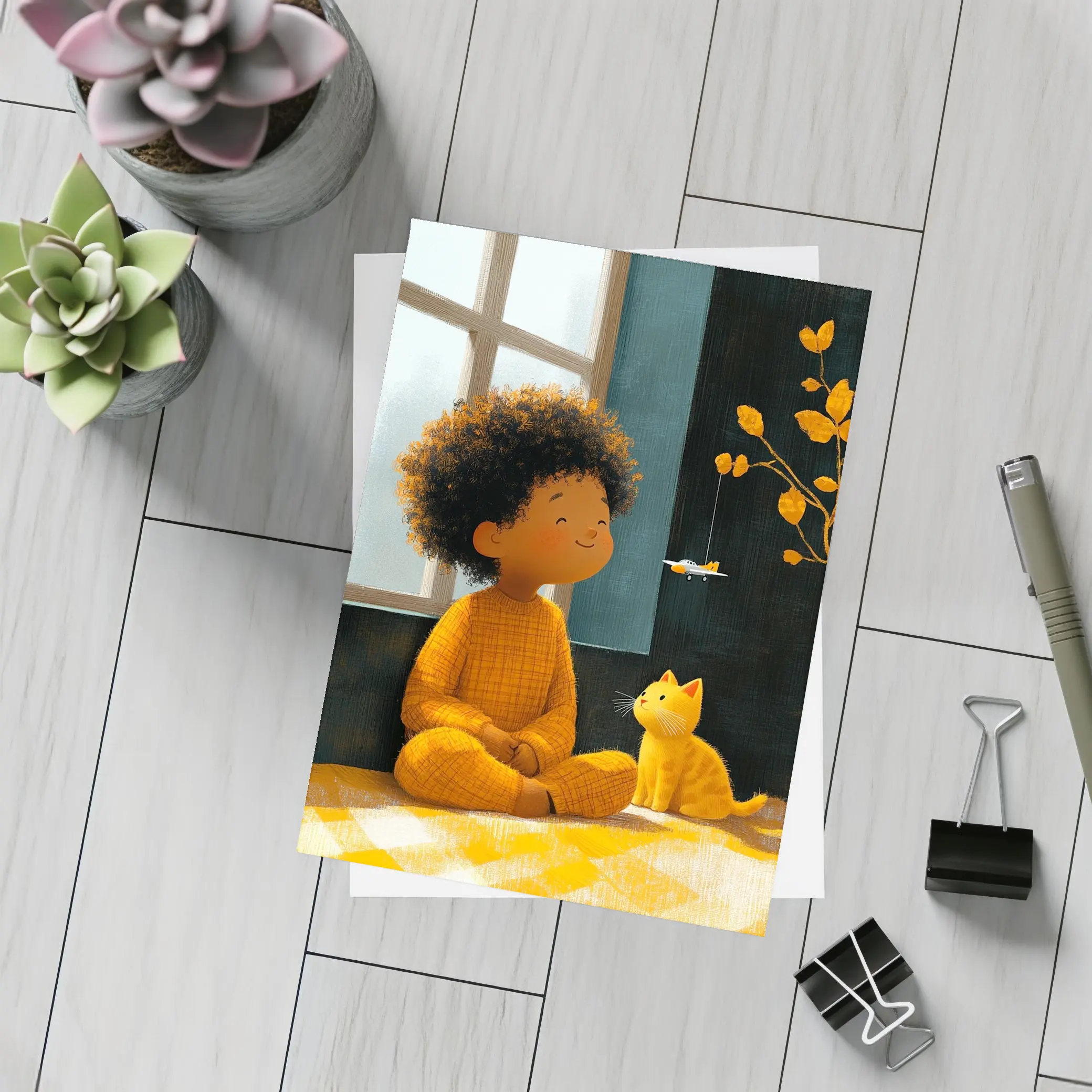 Curly Hair Child Cat Illustration Cozy Room – Postcards