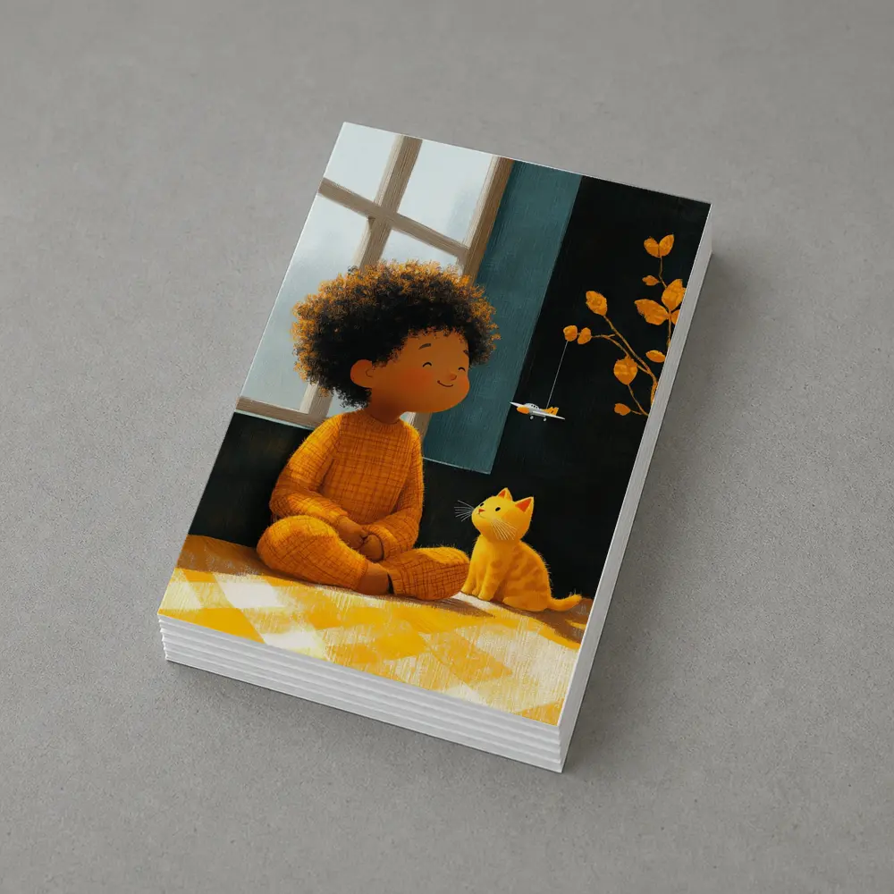 Curly Hair Child Cat Illustration Cozy Room – Postcards