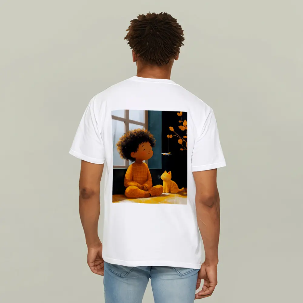 Curly Hair Child Cat Illustration Cozy Room – T-Shirts