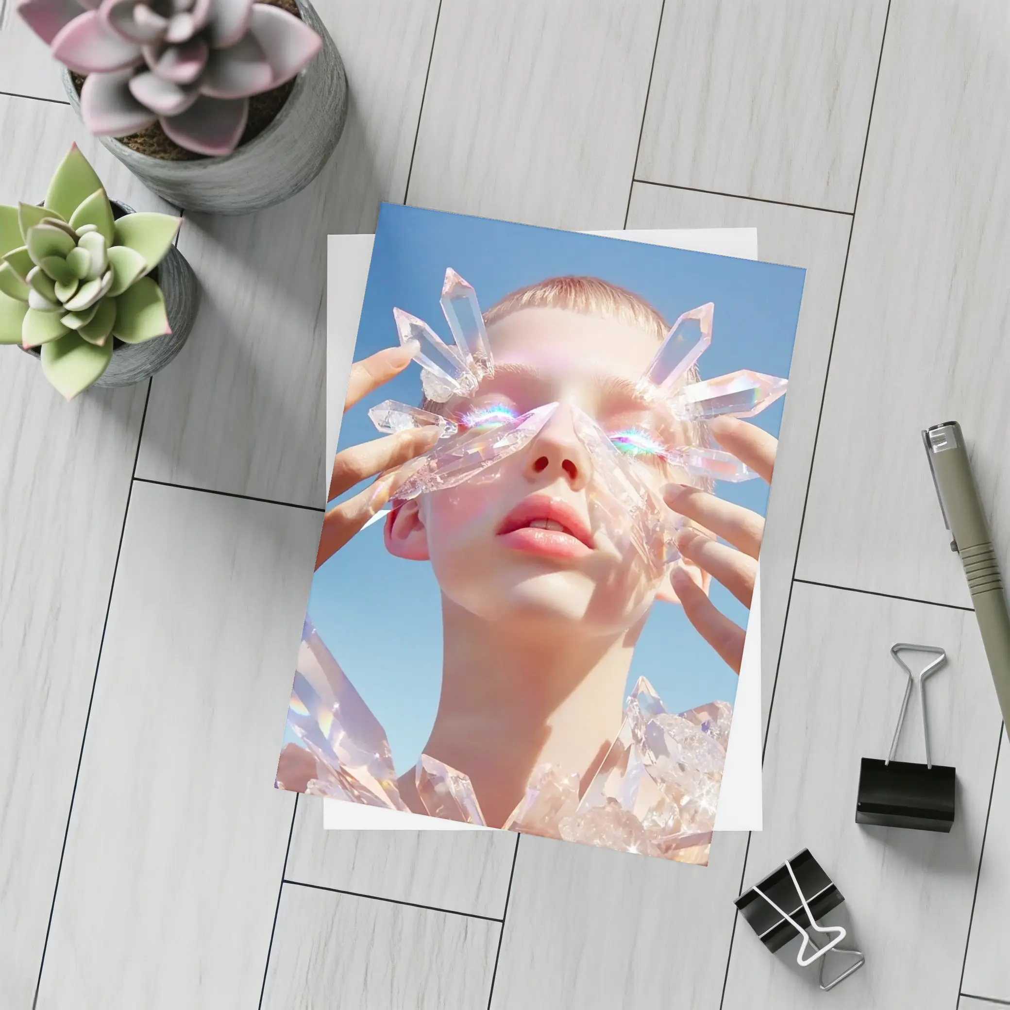 Crystal Woman Portrait Blue Sky Background – Postcards