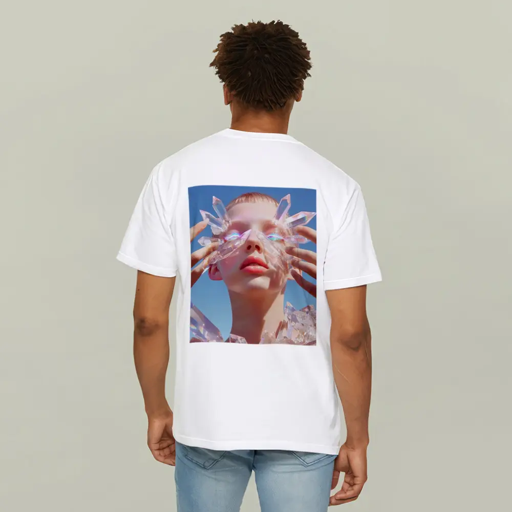 Crystal Woman Portrait Blue Sky Background – T-Shirts