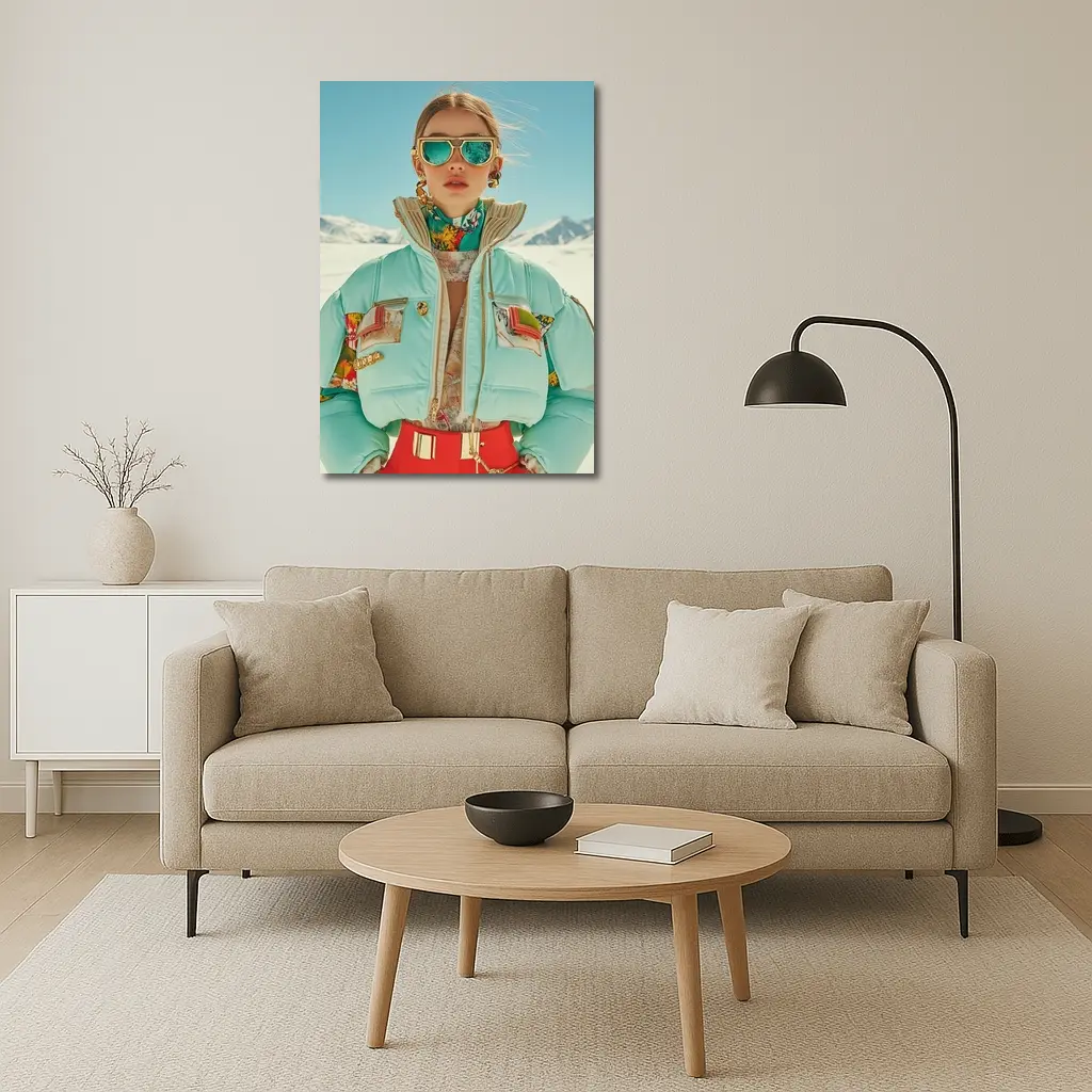 Fashion Woman Mint Puffer Jacket Snow Mountains – Wall Art