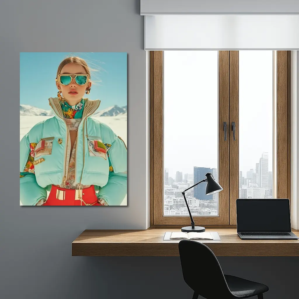 Fashion Woman Mint Puffer Jacket Snow Mountains – Wall Art