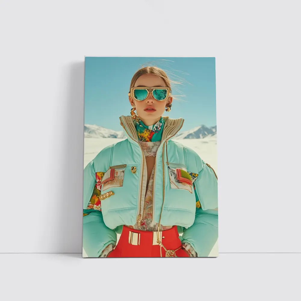Fashion Woman Mint Puffer Jacket Snow Mountains – Wall Art