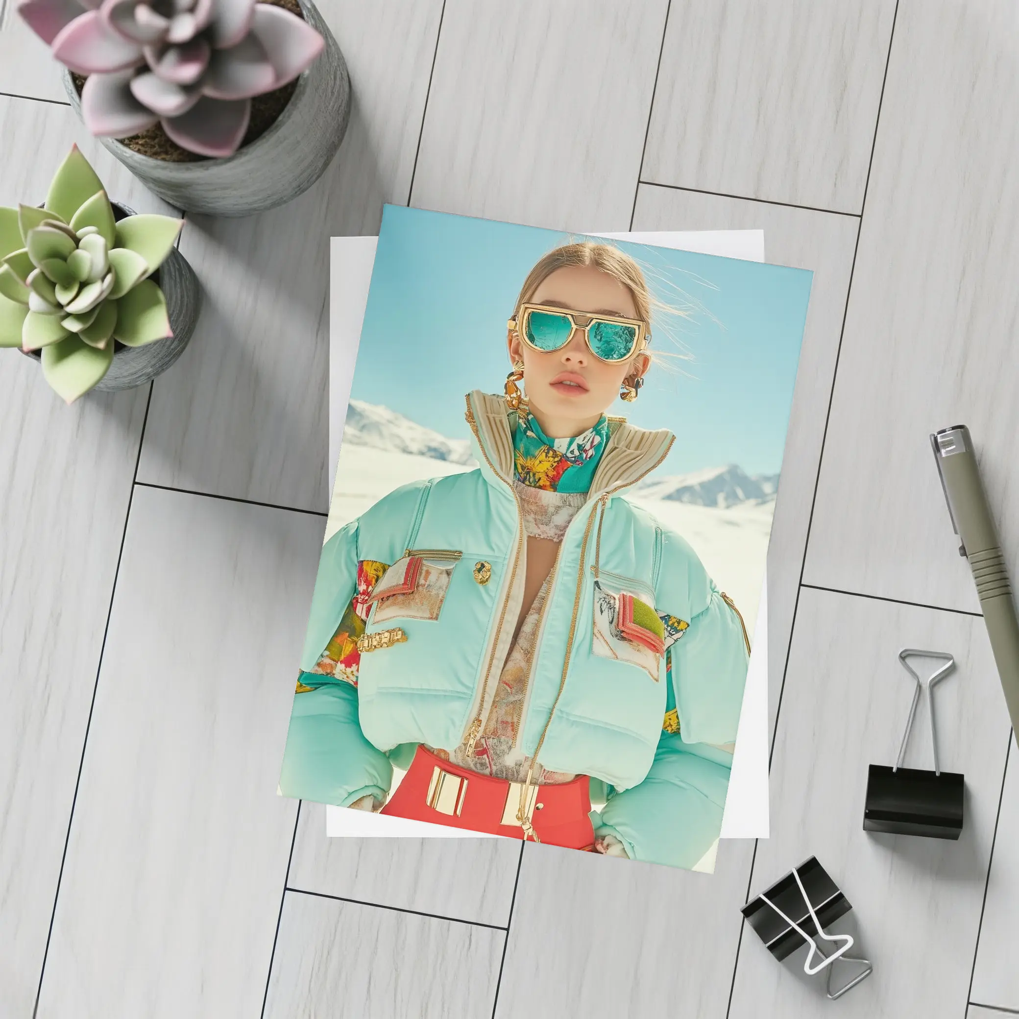 Fashion Woman Mint Puffer Jacket Snow Mountains – Postcards