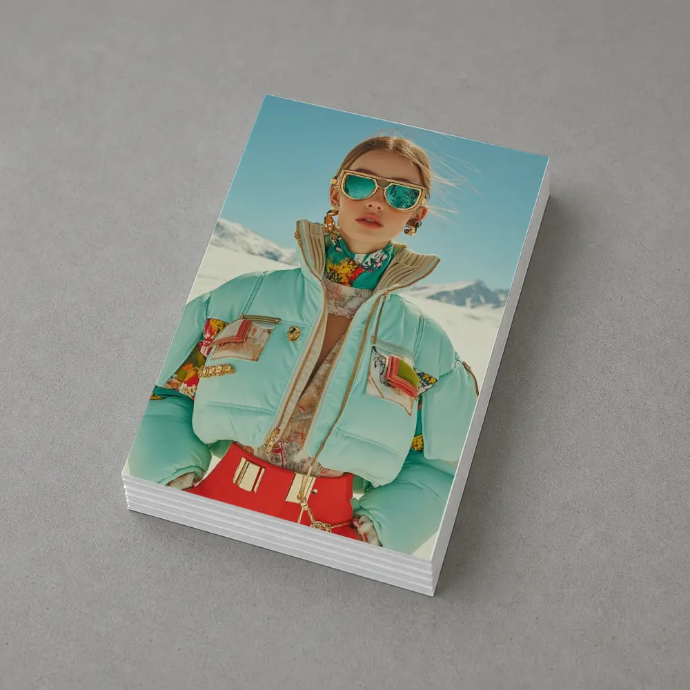 Fashion Woman Mint Puffer Jacket Snow Mountains – Postcards