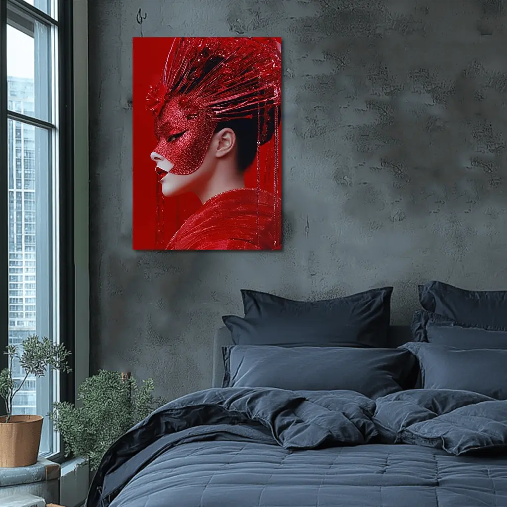 Red Glitter Mask Woman Art Portrait – Wall Art