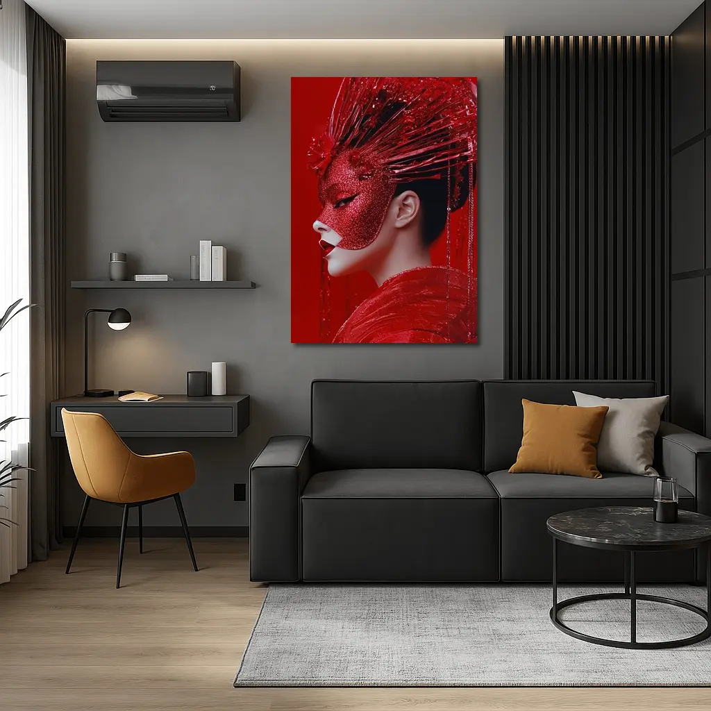 Red Glitter Mask Woman Art Portrait – Wall Art