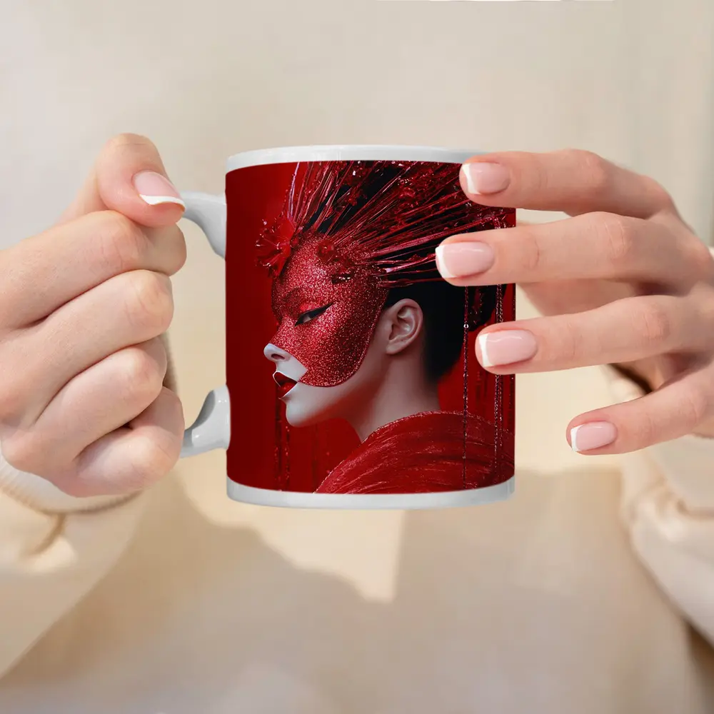 Red Glitter Mask Woman Art Portrait – Mugs