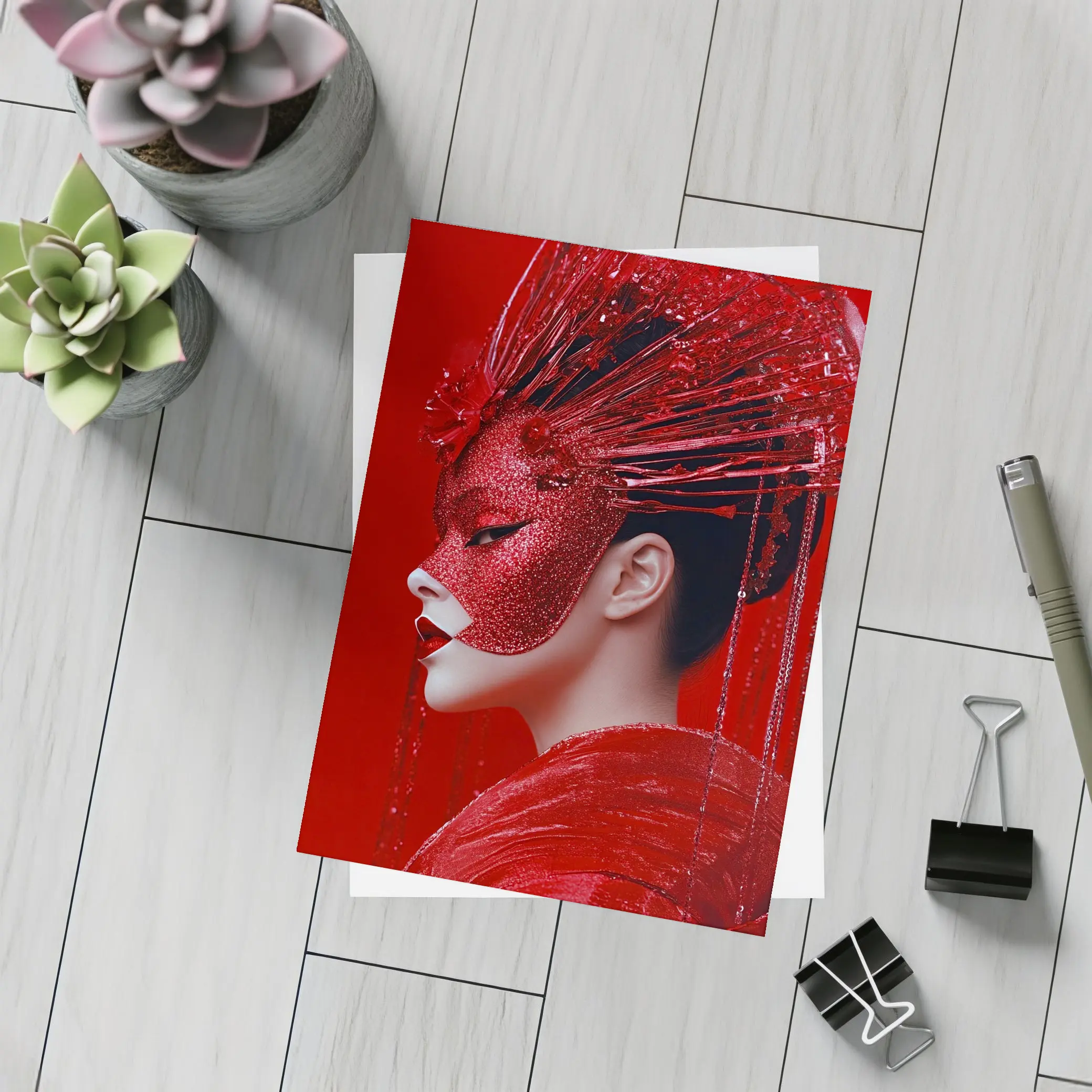 Red Glitter Mask Woman Art Portrait – Postcards