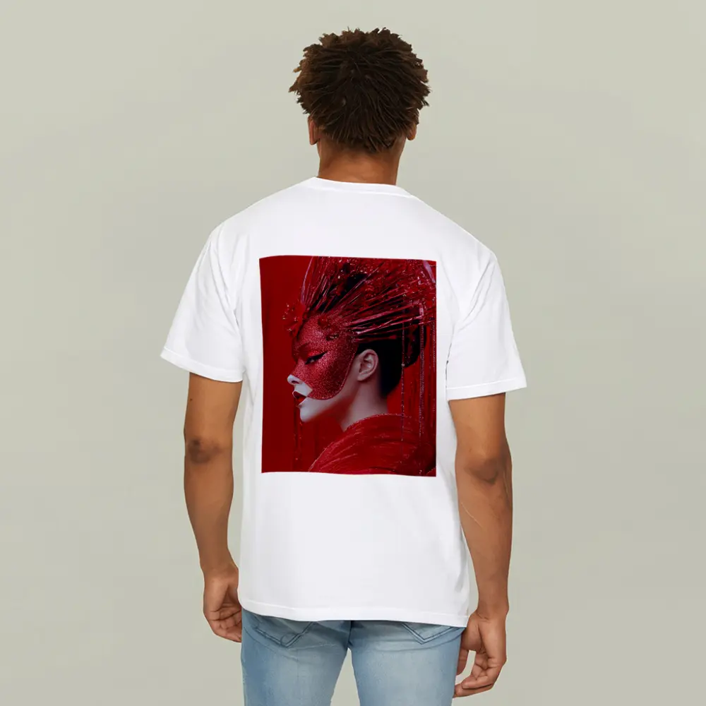 Red Glitter Mask Woman Art Portrait – T-Shirts