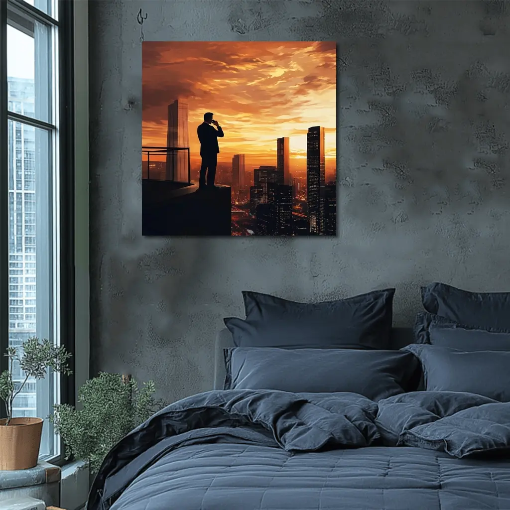 Businessman Silhouette City Skyline Sunset Art – Wall Art