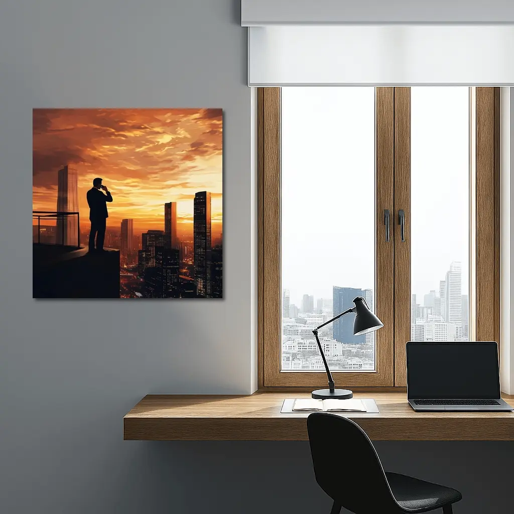 Businessman Silhouette City Skyline Sunset Art – Wall Art