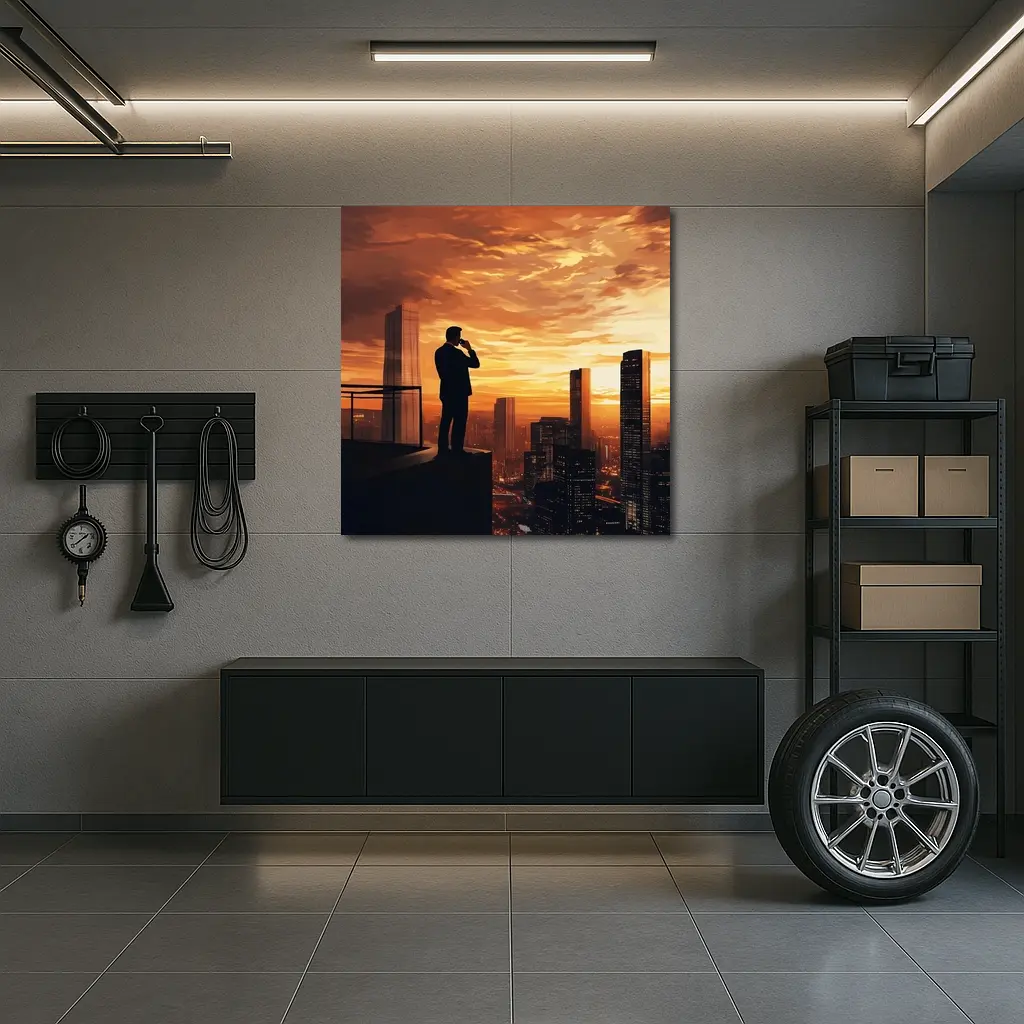 Businessman Silhouette City Skyline Sunset Art – Wall Art