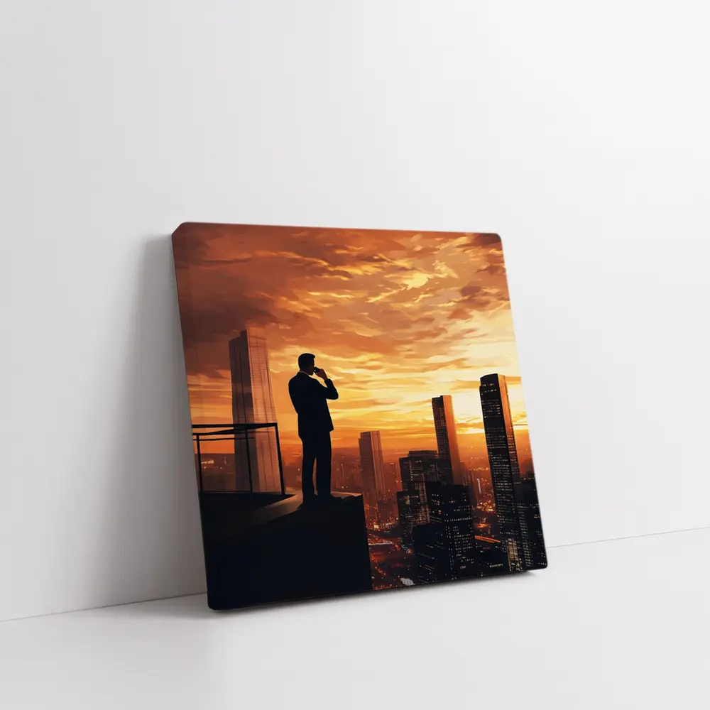 Businessman Silhouette City Skyline Sunset Art – Wall Art