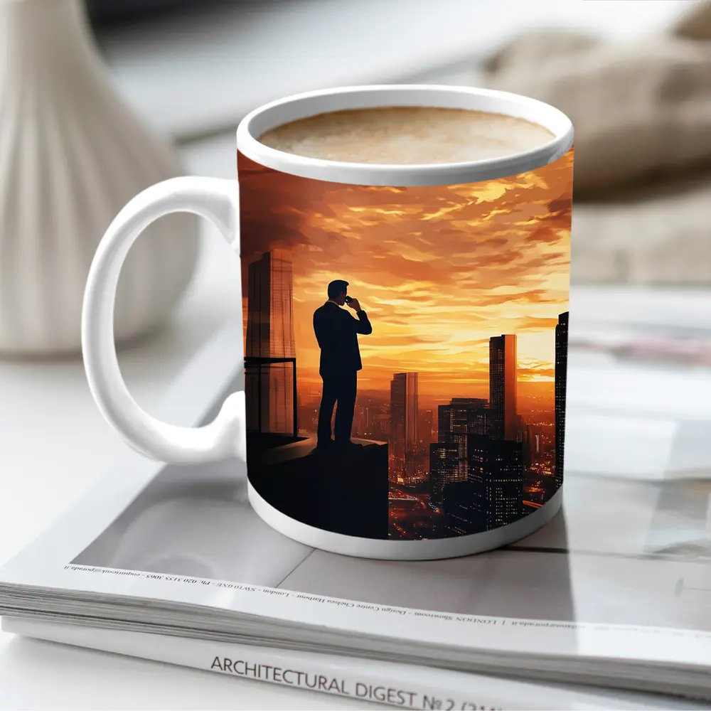 Businessman Silhouette City Skyline Sunset Art – Mugs