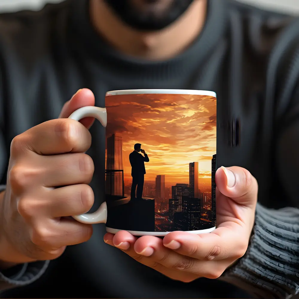 Businessman Silhouette City Skyline Sunset Art – Mugs