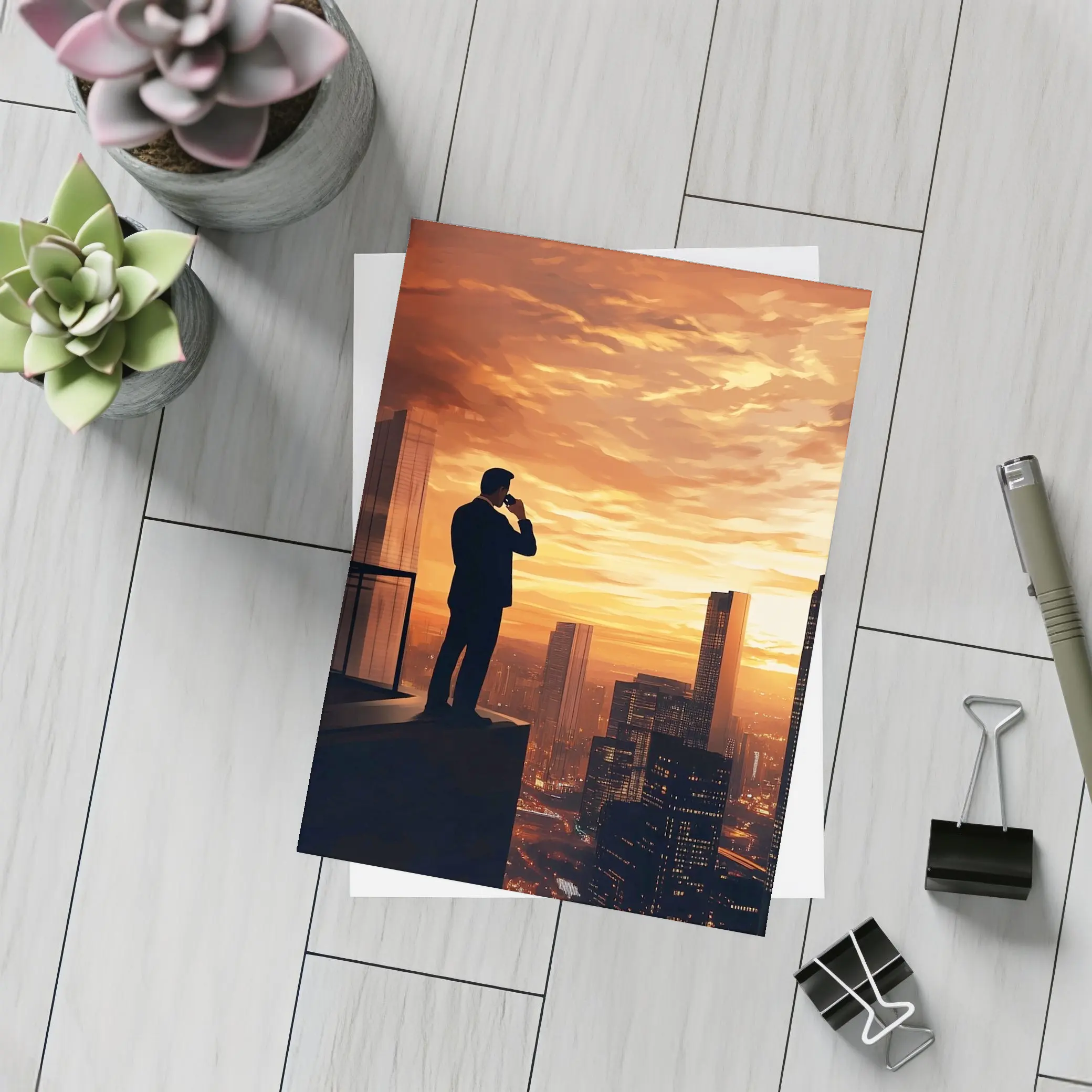 Businessman Silhouette City Skyline Sunset Art – Postcards