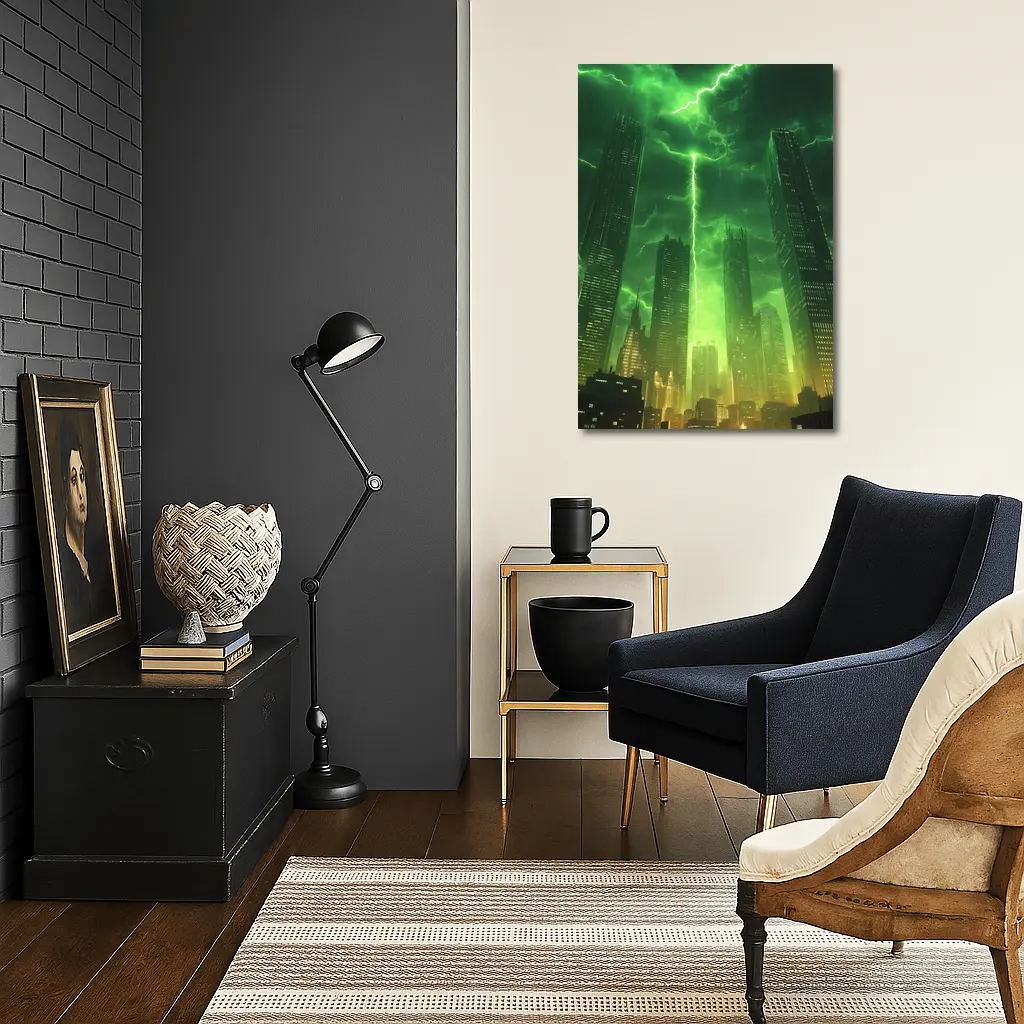 Green Lightning Storm Over Dark City Skyline – Wall Art