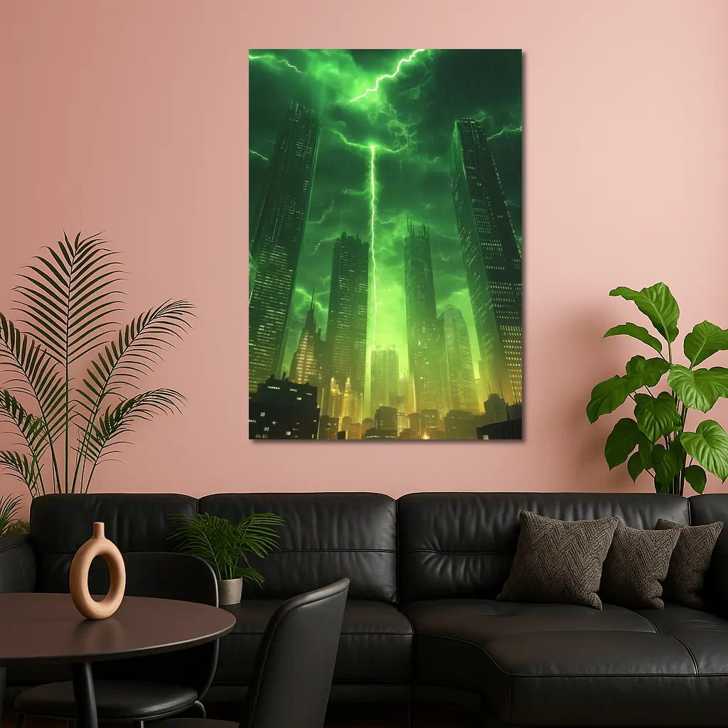 Green Lightning Storm Over Dark City Skyline – Wall Art