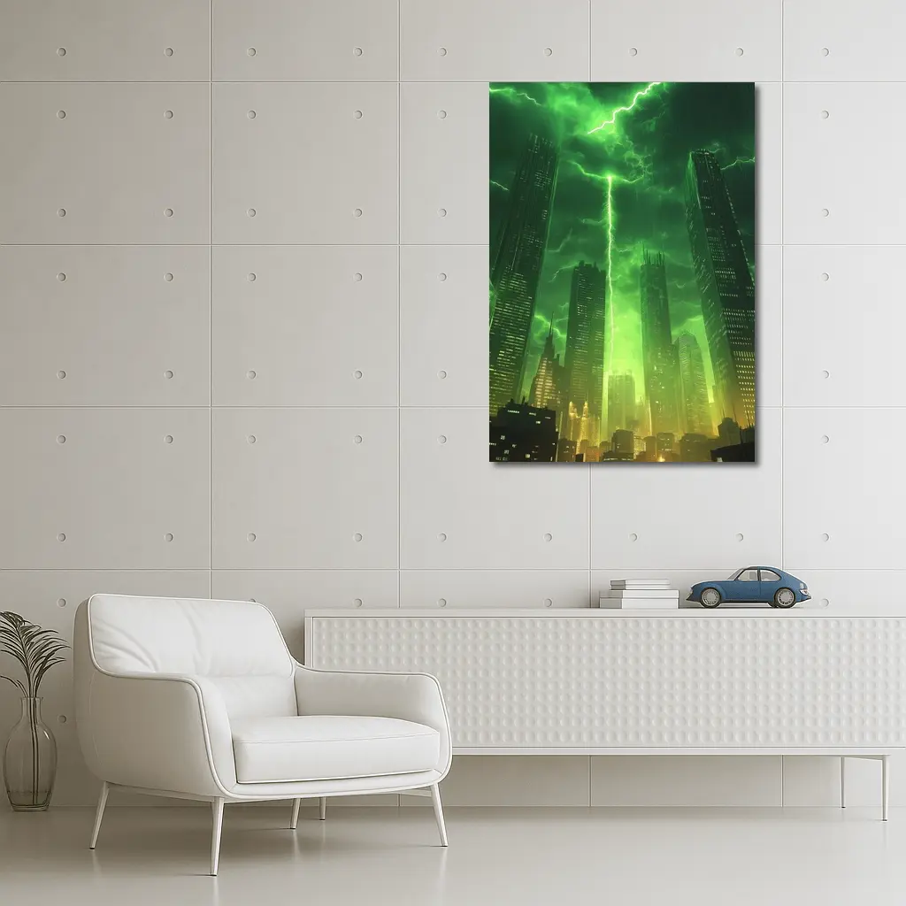 Green Lightning Storm Over Dark City Skyline – Wall Art