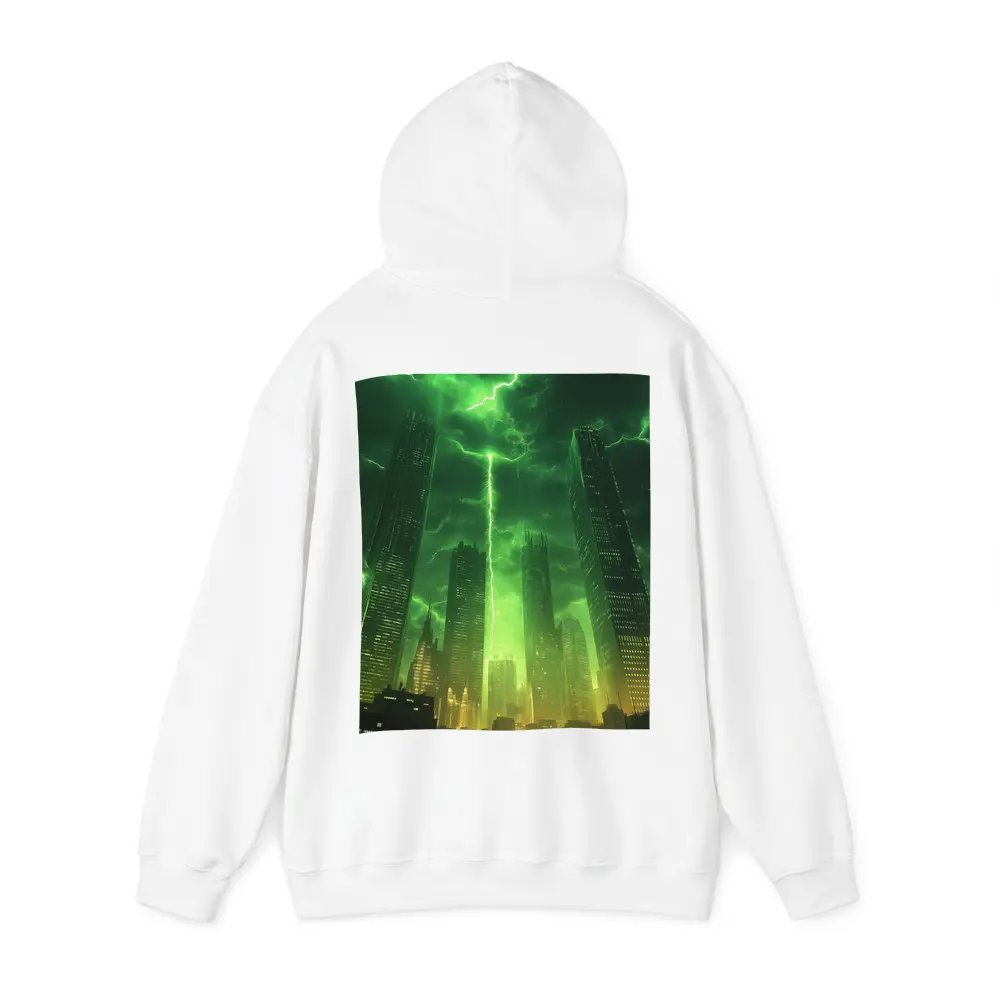 Green Lightning Storm Over Dark City Skyline – Hoodies
