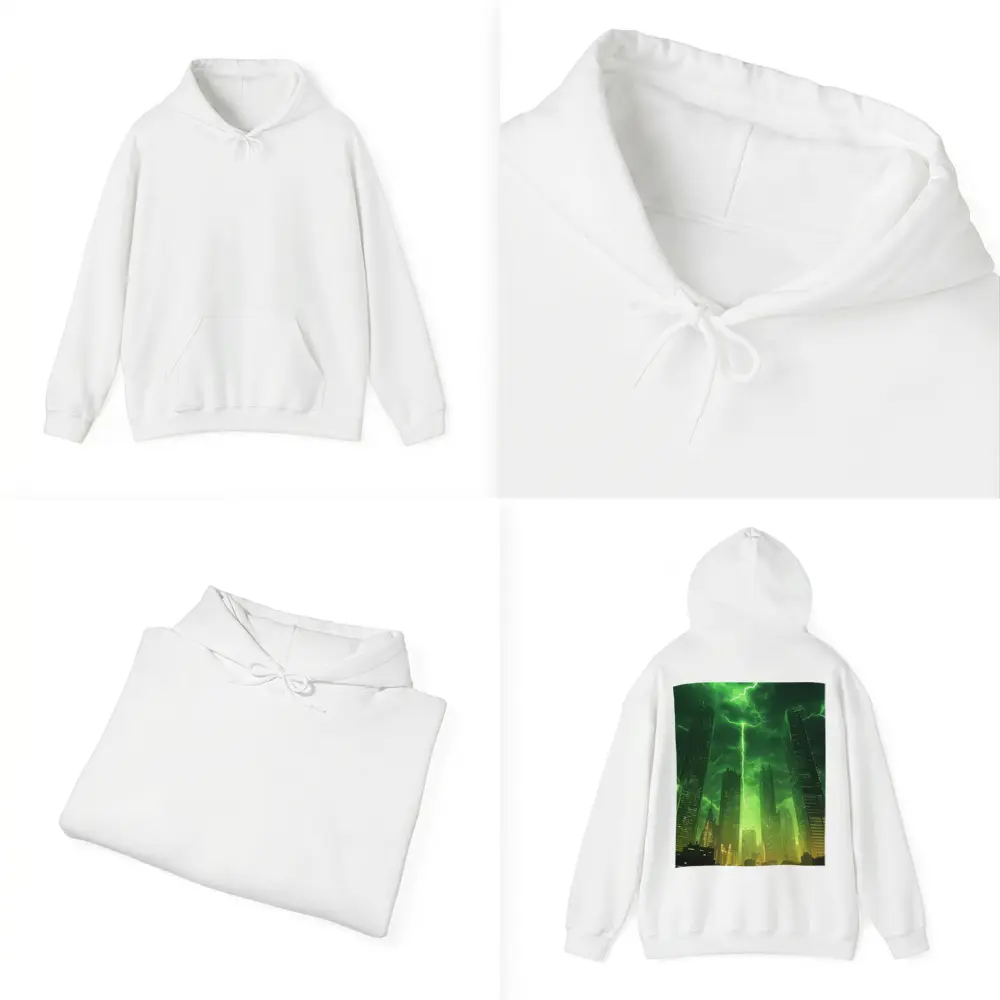 Green Lightning Storm Over Dark City Skyline – Hoodies