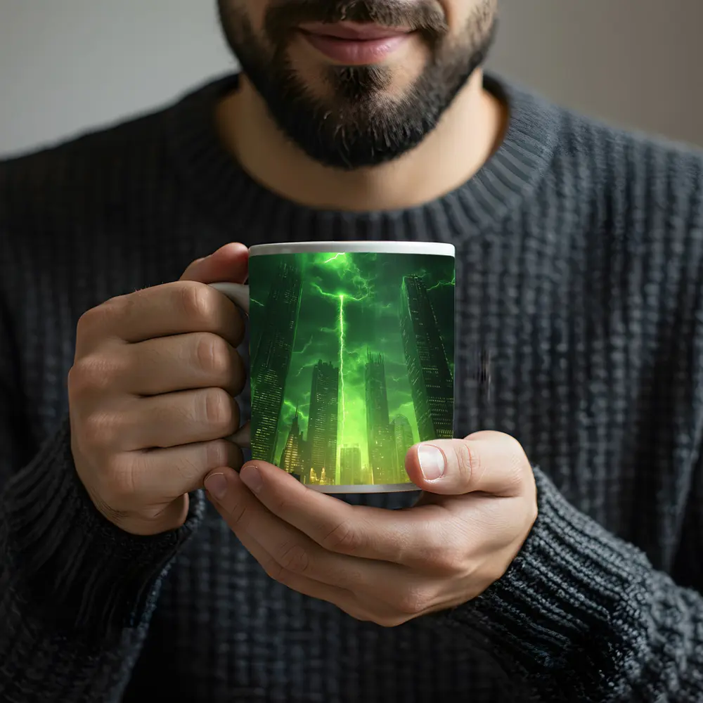 Green Lightning Storm Over Dark City Skyline – Mugs