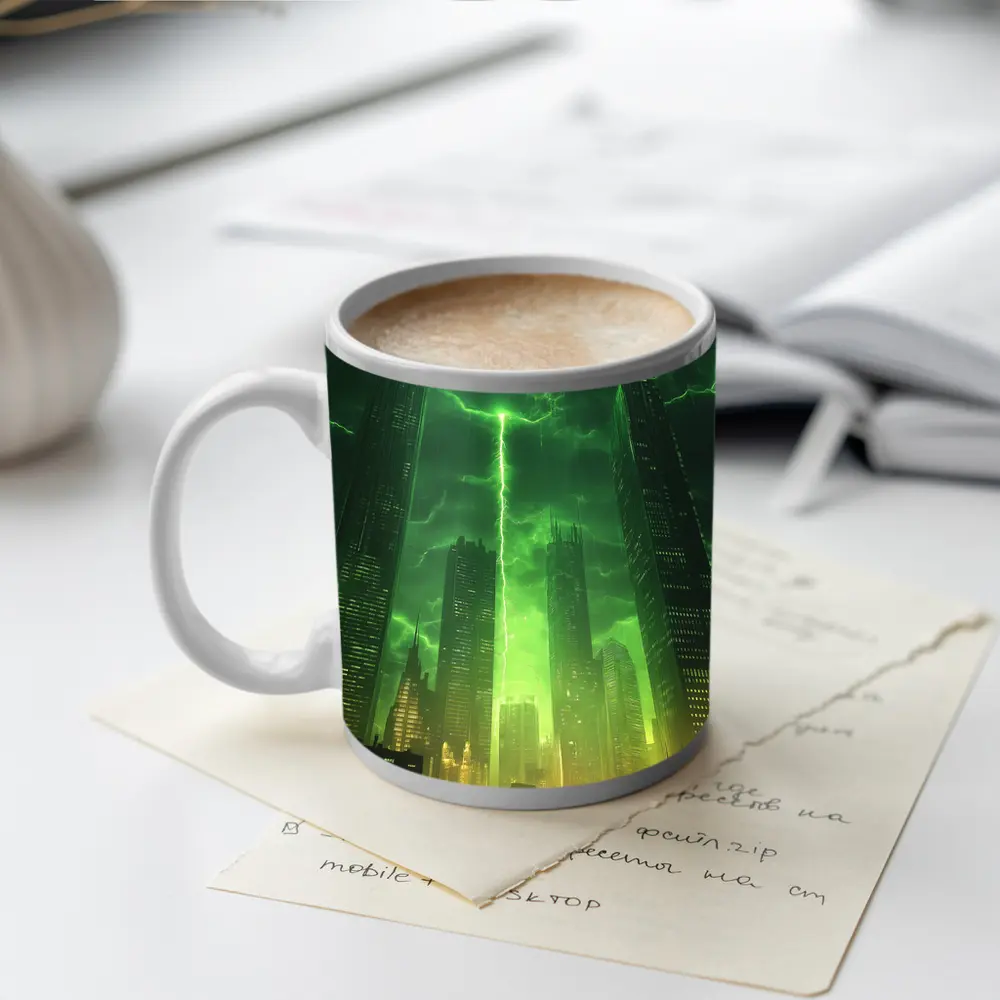Green Lightning Storm Over Dark City Skyline – Mugs